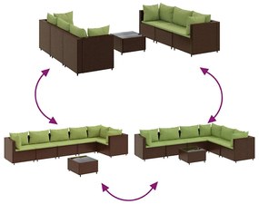 7 pcs conjunto lounge de jardim c/ almofadões vime PE castanho