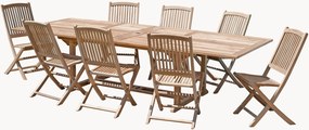 Conjunto de jantar para jardim em madeira de teca com orifício para guarda-sol Fun, conjunto de 9