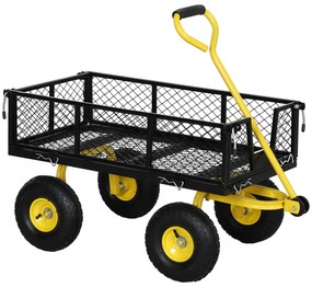 Outsunny Carrinho de Jardim Carga 200 kg com Paineis Laterais Desmontáveis Guiador Giratório 180° e 4 Rodas de Borracha Preto e Amarelo