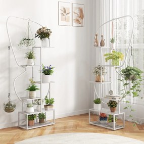 Suporte para plantas de metal com 6 níveis, 12 prateleiras de malha metálica e 4 ganchos branca