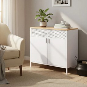 Armário de armazenamento em aço, cozinha, sala, escritorio 40 x 80 x 76 cm com orifícios bege-branco