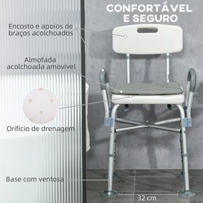 Cadeira de Duche para Idosos com Encosto Apoios de Braço Altura Ajustável Almofada Acolchoada Removível  53,5x52x80-90 cm Branco