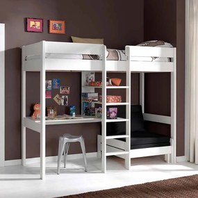 Conjunto Cama alta de Criança PINO 90 x 200 cm + estrado + escada + secretária + sofá-cama Branca