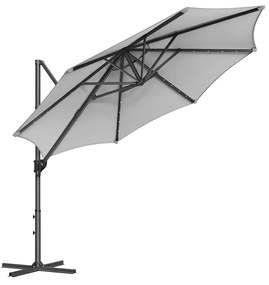 Guarda-sol jardim Ø 300 cm com luzes LED solares UPF 50+ rotativo 360º com base cruzada (SEM PESOS) Cinzento