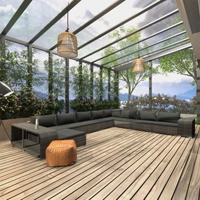 11 pcs conjunto lounge de jardim c/ almofadões vime PE cinzento