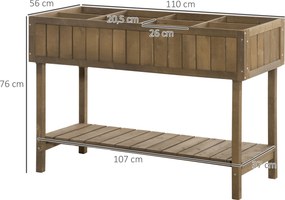 Floreira com pés, para horta, com prateleiras,110 x 46 x 76 cm, 8 compartimentos, sistemas de irrigação integrados, madeira de abeto castanha