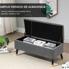 HOMCOM Banco de Armazenamento com Tampa Puff Estofado em Veludo com Assento Acolchoado e Pés de Madeira para Dormitório Entrada 110x43x45cm Cinza