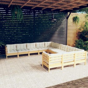 vidaXL 11 pcs conjunto lounge de jardim c/ almofadões cor creme pinho