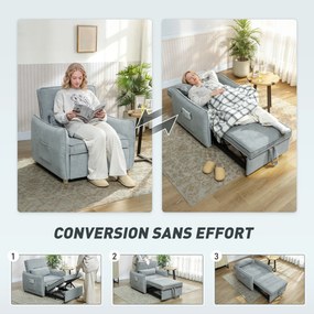 Poltrona convertível de 1 lugar 3 em 1, poltrona-cama clic-clac em tecido chenille, assento largo e encosto ajustável, 88x84x87 cm, cinzento