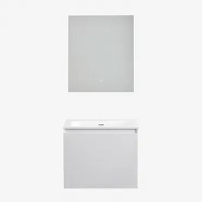 Conjunto De Móvel De Casa De Banho Suspenso Em Madeira Com Lavatório Integrado Macrae Branco & Led Retangular E Anti-embaciamento 60x70 Cm - Sklum