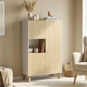 Aparador de sala 80 x 40 x 135 cm, móvel de arrumação com 6 compartimentos e portas com fecho amortecido, branco e cor natural