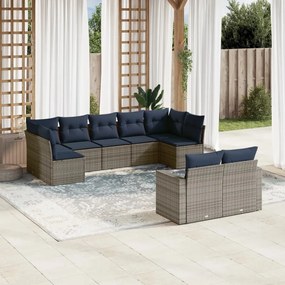 9 pcs conjunto sofás p/ jardim c/ almofadões vime PE cinzento