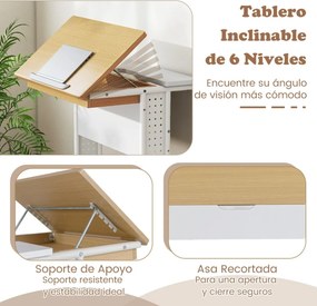 Secretária portátil 60 x 50 x 75-96 cm com rodas e mesa inclinável em 6 posições Compartimento oculto Prateleiras Painéis perfurados em forma de C Nat