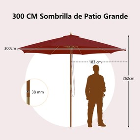 Guarda-sol 300 x 300 x 262 cm com 8 varas de bambu com elevação por roldana e orifício de ventilação para praia ou jardim Vermelho vinho
