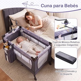 Cama de Viagem Dobrável para Bebé com Trocador, 126 x 65 x 77 cm, 4 Funções, Cinzento-escuro