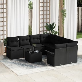 Conjunto de Sofá de Jardim com Almofadas Pretas de Vime PE