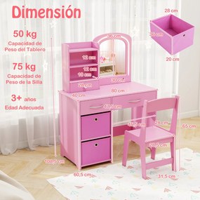 Toucador infantil com espelho iluminado e cadeira de princesa com luzes Estantes e gavetas crianças rosa