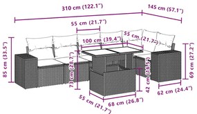 7 pcs conjunto de sofás p/ jardim c/ almofadões vime PE preto