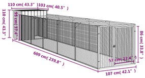 Casota cães c/ parque 110x609x110 cm aço galvaniz. cinza-claro