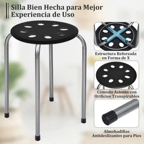 Conjunto de 6 bancos empilháveis de meta com assento perfurado redondo e estrutura metálica para cozinha, sala Pretos