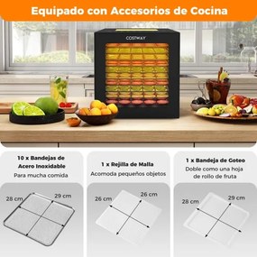 Desidratador de alimentos com bandejas de aço inoxidável Secador de alimentos com ecrã LED Temperatura 35-75 ℃ e temporizador