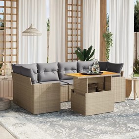 7 pcs conjunto de sofás p/ jardim com almofadões vime PE bege