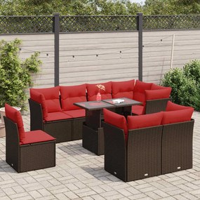 9 pcs conj. sofás jardim c/ almofadões vime PE/acácia castanho