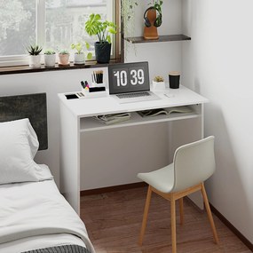 Secretária de escritório simples, elegante e compacta com 1 prateleira, em aglomerado, dim. 90 x 50 x 74 cm, lacada a branco
