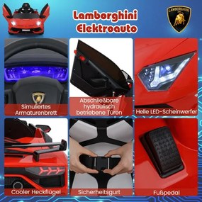Carro elétrico Lamborghini 12V para crianças com controlo remoto 2,4G e faróis LED 3 a 5km/h Vermelho