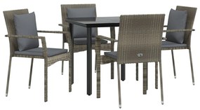 5 pcs conjunto jantar jardim c/ almofadões vime PE preto/cinza