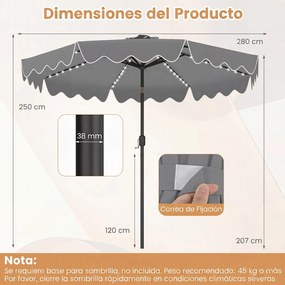 Guarda-sol de Jardim, 280 x 280 x 250 cm, (BASE NÃO INCLUIDA)  Iluminação LED Integrada, Cinzento