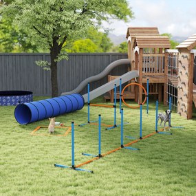 Conjunto de agilidade para cães 350 x 68 x 70 cm de 8 peças com túnel, slaloms, obstáculos ajustáveis e saco de transporte laranja, azul