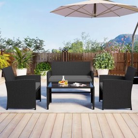 Conjunto de jardim em rattan com 4 peças: sofás de 2 lugares, mesa de vidro temperado e almofadas para exterior, varanda ou piscina, Preto+cinzento