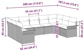 Conjunto de Sofá de Jardim com 9 Peças e Almofadas Cinzas em Rattan Si