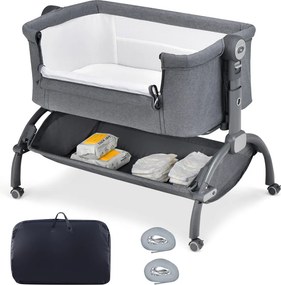 Berço 2 em 1 para bebés com altura ajustável, 4 rodas, rede mosquiteira e cesto de arrumação para bebés dos 0 aos 6 meses, 95 x 65 x 70-82 cm, Cinzent