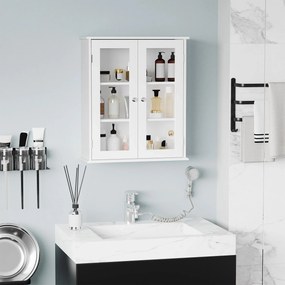 Armário Casa de Banho de Parede com 2 Portas de Cristal Armário Suspenso com Prateleiras Ajustáveis em Altura Multiuso para Cozinhas Sala de Estar 55x