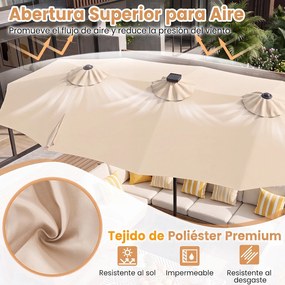 Guarda-sol Duplo Retangular de Exterior com base, 370 x 200 cm, 108 Luzes LED, Bege