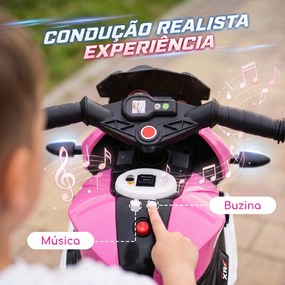 Mota Elétrica Infantil 6V de 3 Rodas com Pedal, Farol LED, Música e Buzina para Crianças de 3 a 5 Anos, Rosa