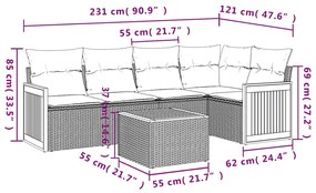 6 pcs conjunto sofás de jardim c/ almofadões vime PE preto
