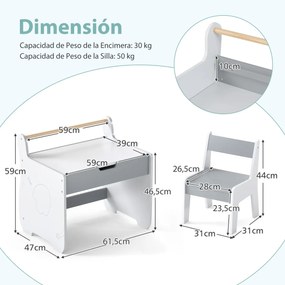 Conjunto de mesa e cadeira infantil de madeira 2 em 1 para crianças com tabuleiro removível, cinzento e branco