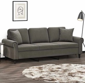 vidaXL Sofá 3 lug. c/ almofadas/almofadões 180 cm veludo cinza-escuro