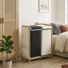 Cesto de Roupa Suja com Tampa 120L de Bambu com 2 Compartimentos Sacos com Cordão Bolsos Laterais Branco e Preto