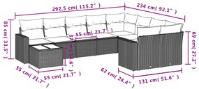 10 pcs conjunto sofás de jardim c/ almofadões vime PE preto