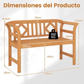 Banco Jardim Exterior 118 x 50 x 78,5 cm em Madeira de Acácia para 2 Pessoas com Encosto e Apoios de Braços Quadriculados Capacidade 360 kg para Varan