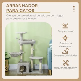 Arranhador para Gatos com Postes Arranhadores de Sisal Cova Plataformas e Bolas Suspensas 65x30x104 cm Cinzento Claro