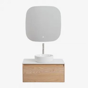 Conjunto De Móvel De Casa De Banho Suspenso 80x50 Cm Em Madeira De Freixo Tedrik Castanho Fresno & Cerâmica Redonda Branca Ø40 Cm - Sklum