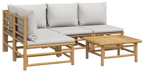 5 pcs conj. lounge de jardim bambu c/ almofadões cinzento-claro