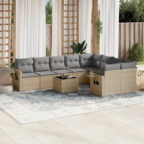 10 pcs conjunto de sofás p/ jardim com almofadões vime PE bege
