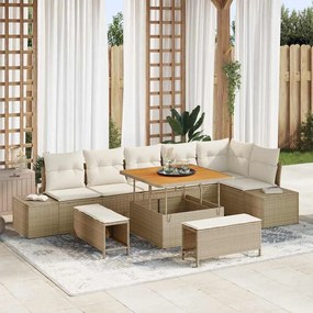 Conjunto de Sofá de Jardim vidaXL 9 Peças com Almofadas Bege Vime Acácia