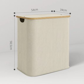 Cesto de roupa suja dobrável de dupla camada, 80 L, 54 x 34 x 58,5 cm com tampa e pegas ranhuradas, bege